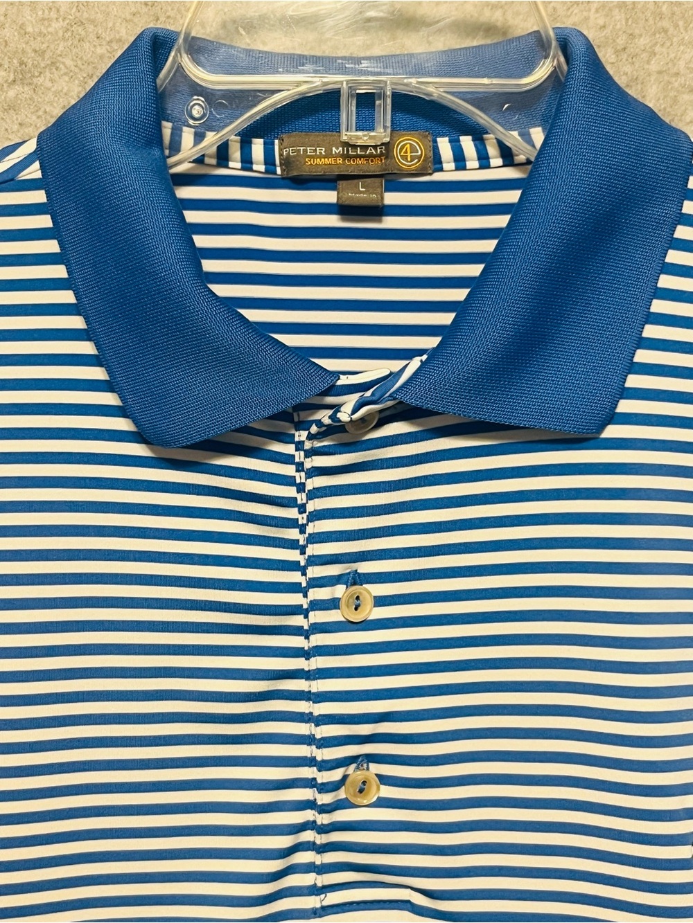 Peter Millar Summer Comfort Polo Shirt Blue and White Striped LOGO